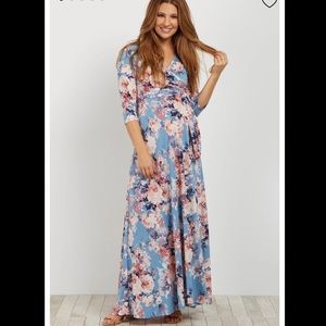 Maternity & Nursing Wrap Maxi Dress floral blue